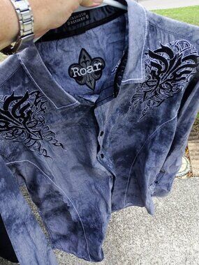 Roar Mens Long Sleeve Decorative Gray Embroidered Shirt XL